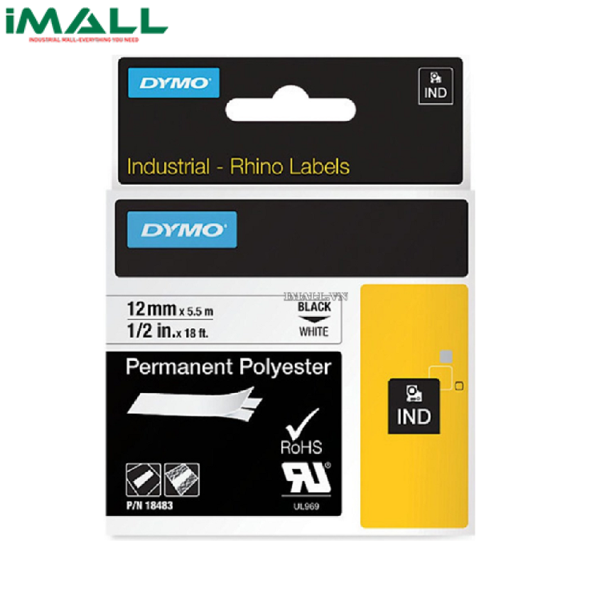 Tem nhãn công nghiệp nhựa polyester bền Rhino trắng DYMO 63020769 (9mm x 5.5m)