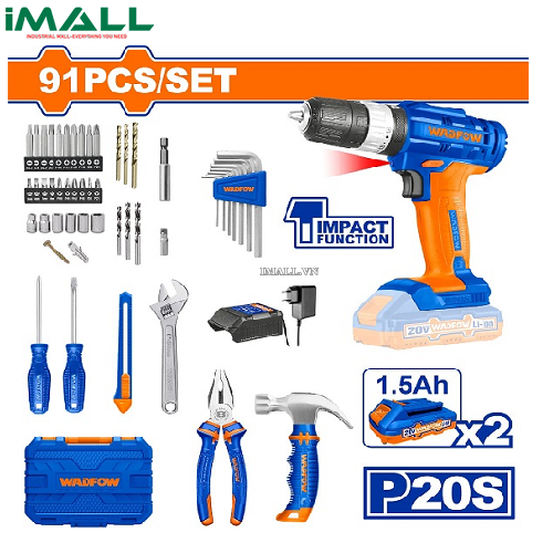 Bộ 91 món dụng cụ gồm Máy khoan búa dùng pin Lithium-ion 20V(WCDP522) Wadfow WDT1B90
