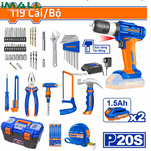 Bộ 119 món dụng cụ gồm Máy khoan búa dùng pin Lithium-ion 20V (WCDP522) Wadfow WDT1B119
